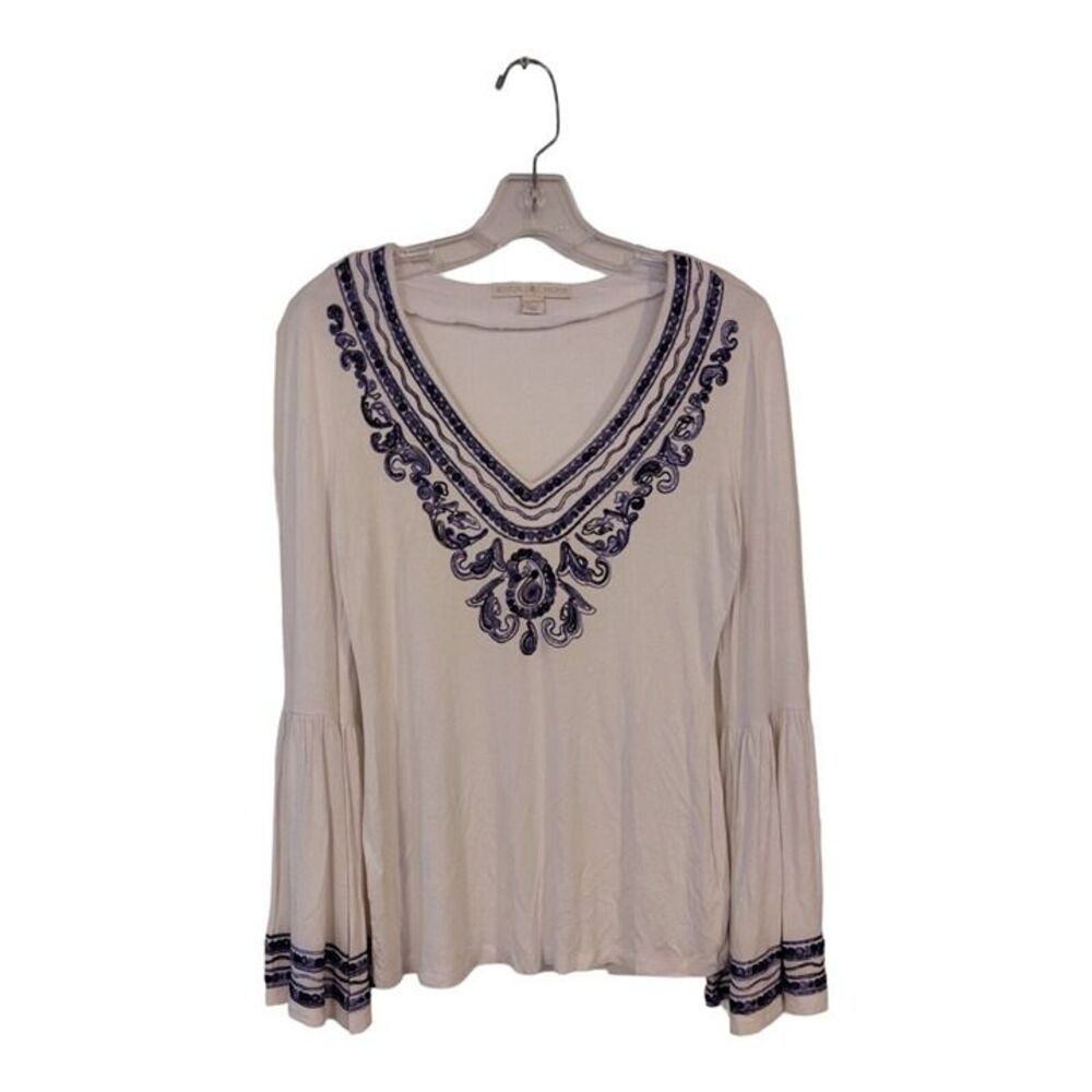 Boston Proper Womens Blouse White Navy Long Sleeve V Neck Embroidered Boho XS